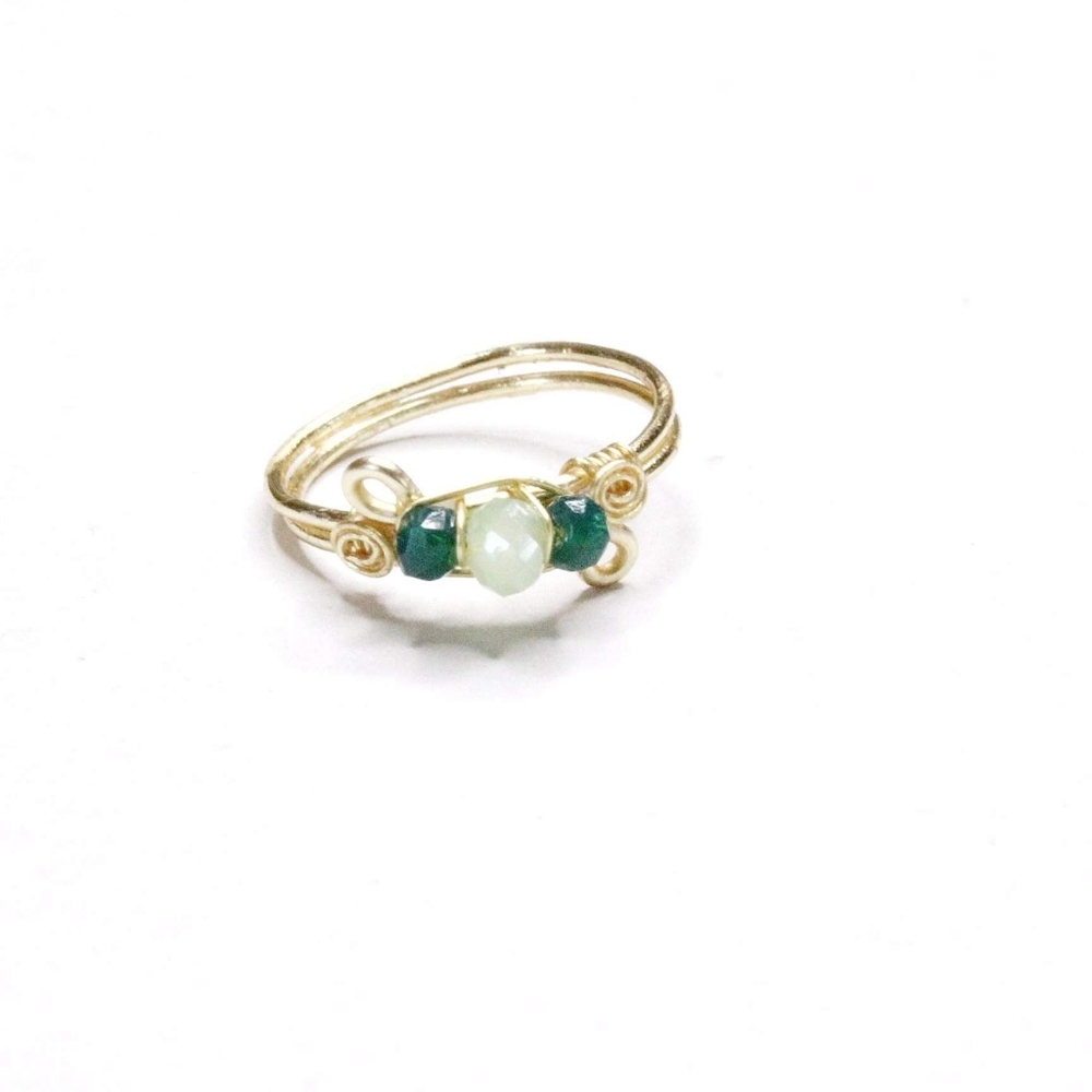 Wire Wrapped Jade and Emerald Glass Ring